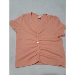 Jasky Ribbed Ruched Button Top Women’s XS Peach Short Sleeve Stretch V‑Neck Blou